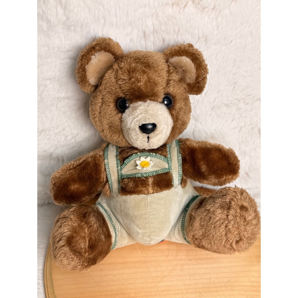 Vintage R Dakin & Co 1979 Brown Teddy Bear with Daisy Overalls Plush Toy 10"